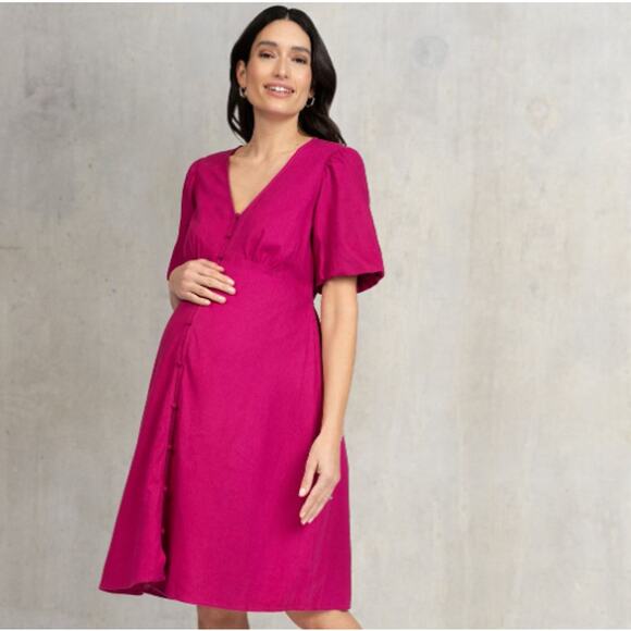 Seraphine Linen Midi Button Front Maternity & Nursing Dress Blend Puff Sleeve - Picture 1 of 11